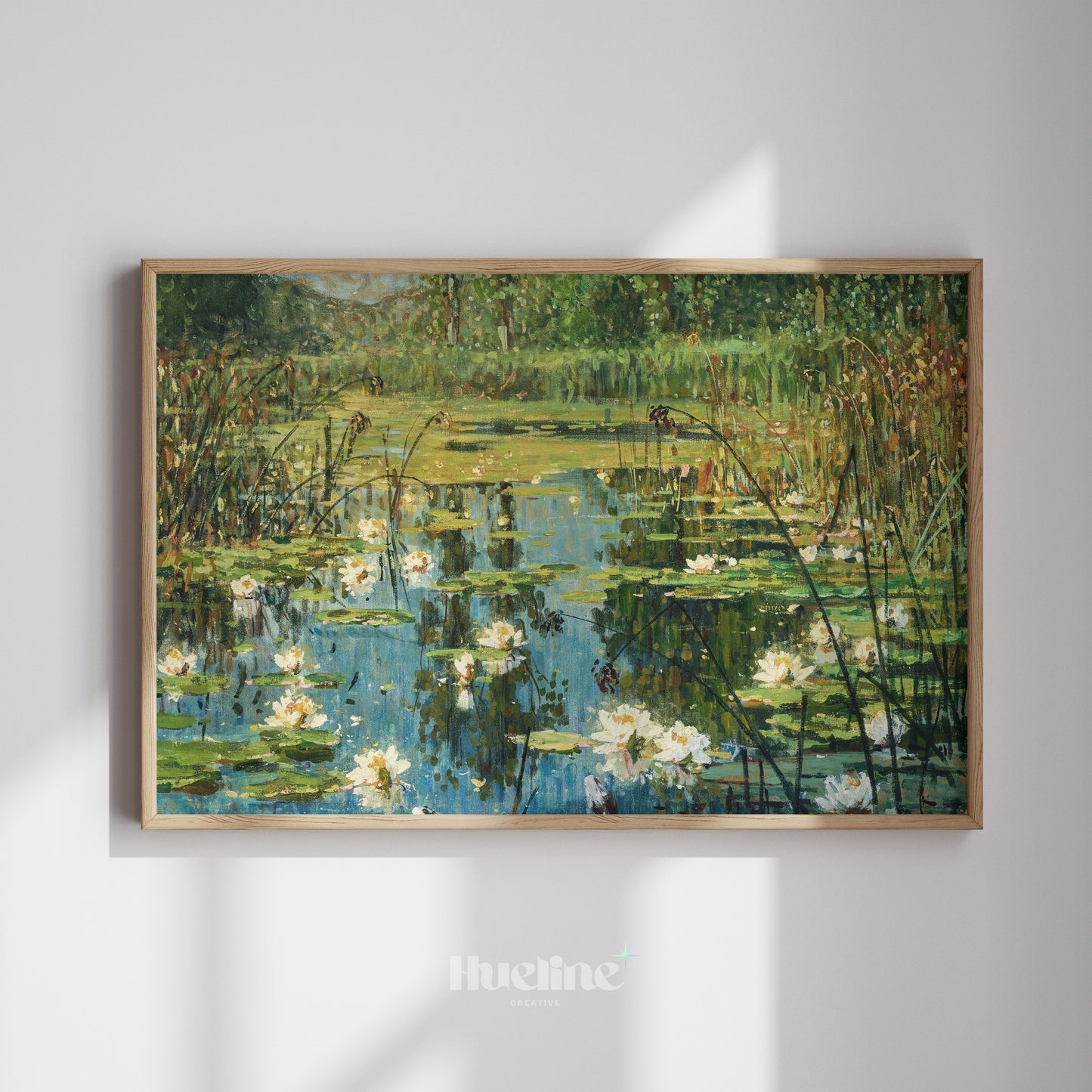Impressionist Water Lily Pond, Floral Landscape, Calm Water, Reeds, Nature Wall Art - L1197