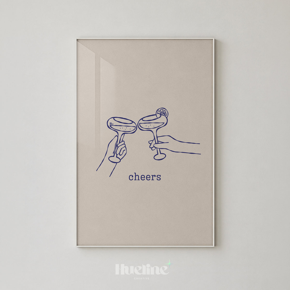 Minimal Cheers Cocktail Print, Blue Line Art Poster, Margarita Glass Bar Cart Decor - L1277