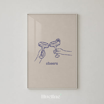 Minimal Cheers Cocktail Print, Blue Line Art Poster, Margarita Glass Bar Cart Decor - L1277