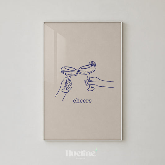 Minimal Cheers Cocktail Print, Blue Line Art Poster, Margarita Glass Bar Cart Decor - L1277