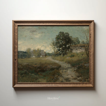 Vintage Country Cottage Print, Rustic Farmhouse Wall Art, Countryside Path Painting - L1171