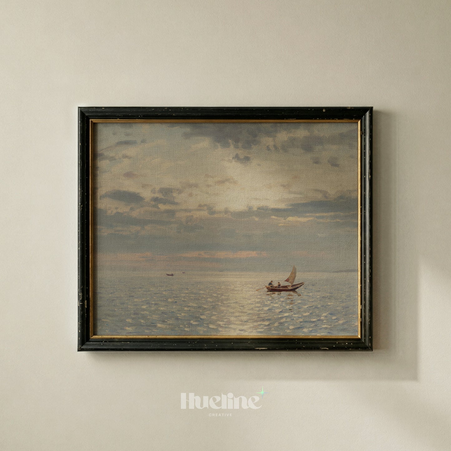 Moody Vintage Seascape, Sailboat Sunset Oil Painting, Coastal Wall Art, Antique Sea Print - L1214