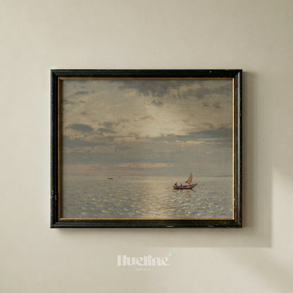 Moody Vintage Seascape, Sailboat Sunset Oil Painting, Coastal Wall Art, Antique Sea Print - L1214