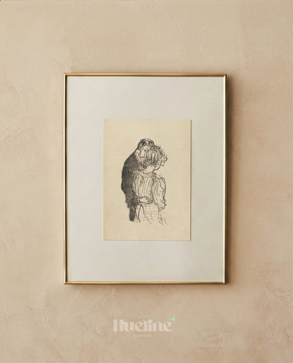 Vintage Romantic Embrace Sketch, Couple Wall Art, Antique Style Monochrome Poster - L1190