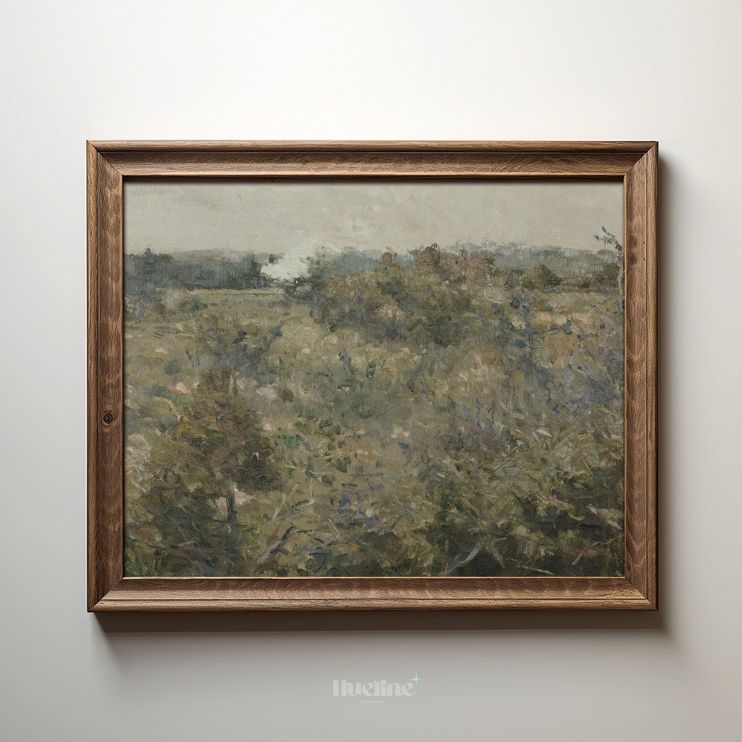 Vintage Moody Green Landscape Print, Antique Impressionist Meadow Oil Painting Wall Art - L1163