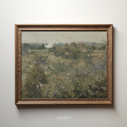 Vintage Moody Green Landscape Print, Antique Impressionist Meadow Oil Painting Wall Art - L1163