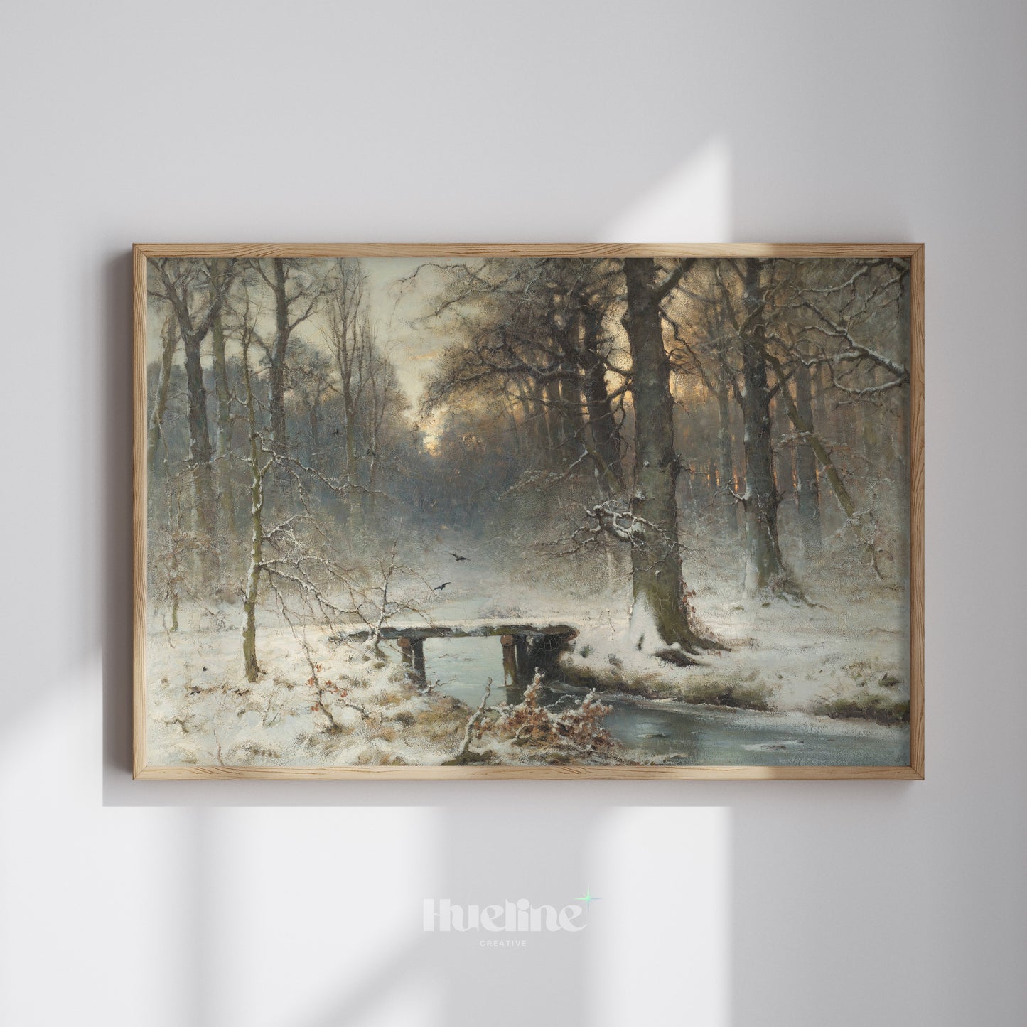 Vintage Winter Forest Painting, Snowy Landscape with Bridge, Moody Woods Wall Art - L1210