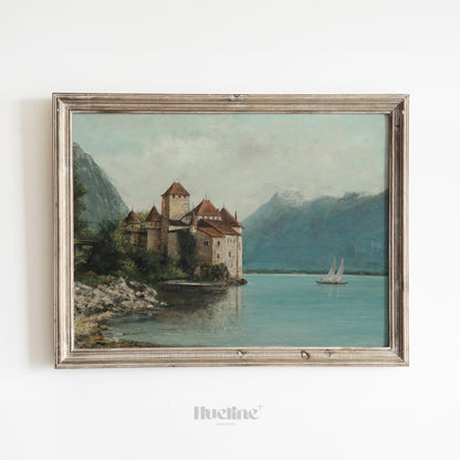 Vintage Castle Wall Art | Lake and Mountain Landscape Painting Print - L1108
