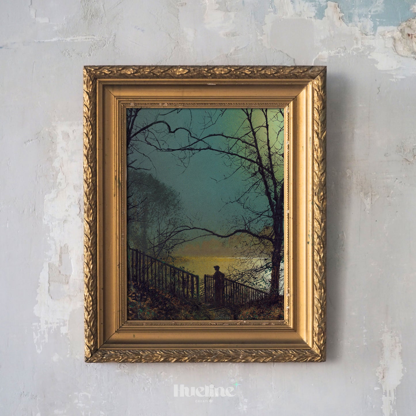 Vintage Landscape Wall Art | Moonlit Night Scene with Silhouette Painting - L1111
