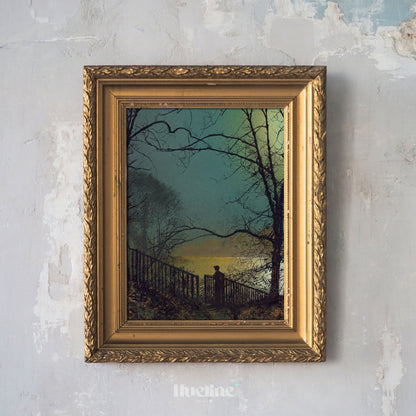 Vintage Landscape Wall Art | Moonlit Night Scene with Silhouette Painting - L1111