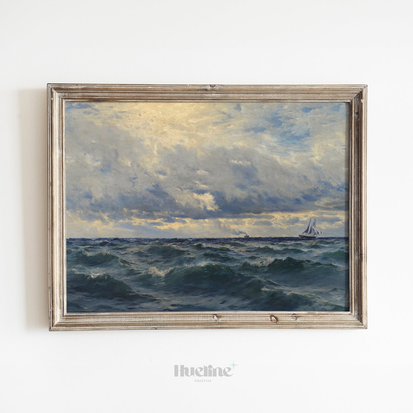 Dramatic Ocean Seascape Art Print – Vintage Style Maritime Painting with Stormy Sky and Sailboat – Nautical Wall Decor for Coastal Interiors - L1055