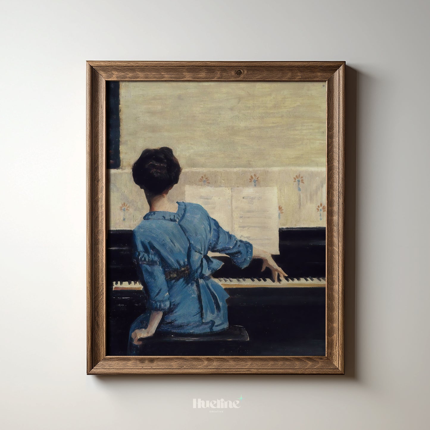 Woman at the Piano Print, Vintage Musician Wall Art, Lady in Blue Dress Painting - L1174