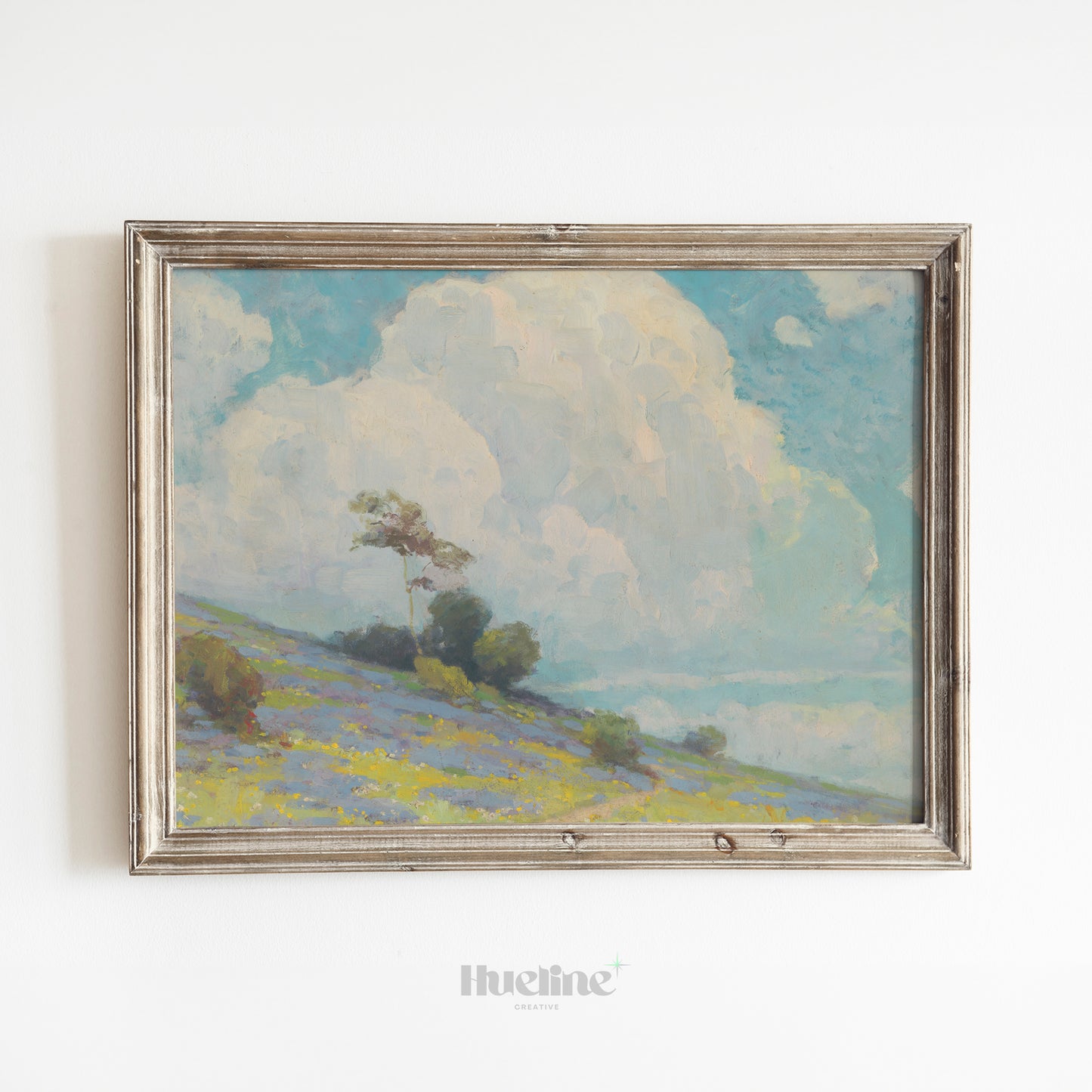 Vintage Landscape Wall Art | Cloudy Sky and Meadow Hill Painting Print - L1107