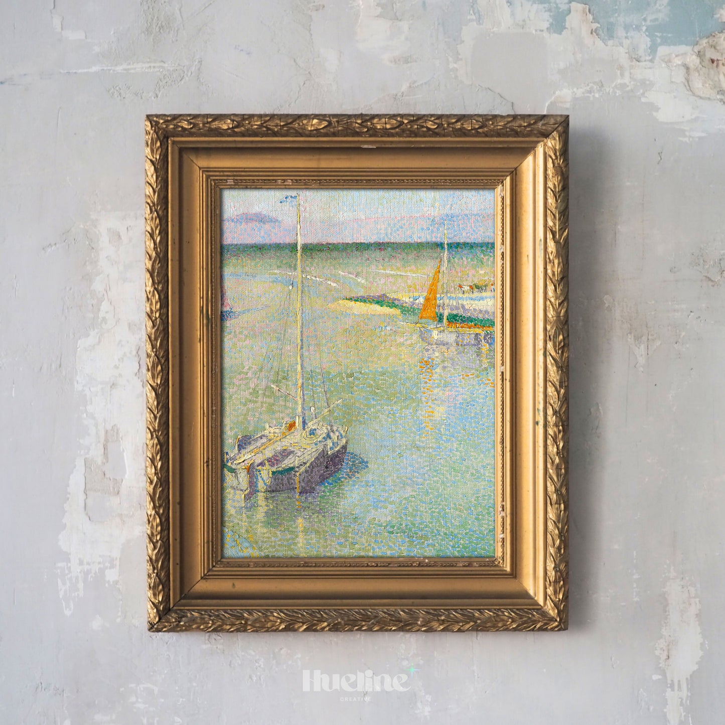 Pointillist Sailing Boat Art Print – Soft Pastel Coastal Scene with Tranquil Water – Impressionist Nautical Wall Decor for Calm Interiors - L1045