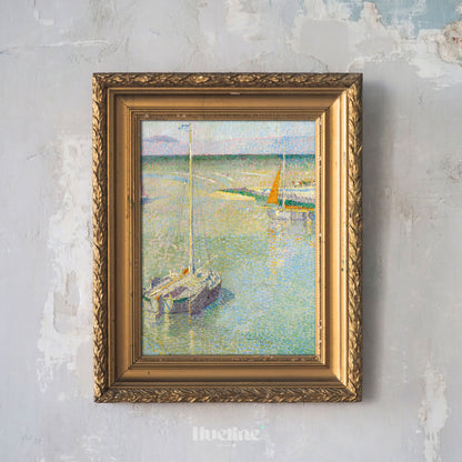 Pointillist Sailing Boat Art Print – Soft Pastel Coastal Scene with Tranquil Water – Impressionist Nautical Wall Decor for Calm Interiors - L1045