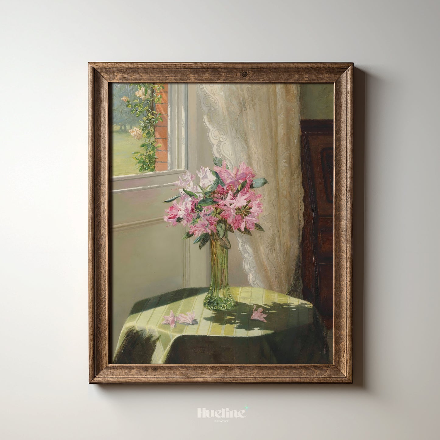 Sunlit Floral Still Life Art Print – Vintage Vase of Pink Flowers by Window – Romantic Cottagecore Wall Decor for Warm Interiors - L1050