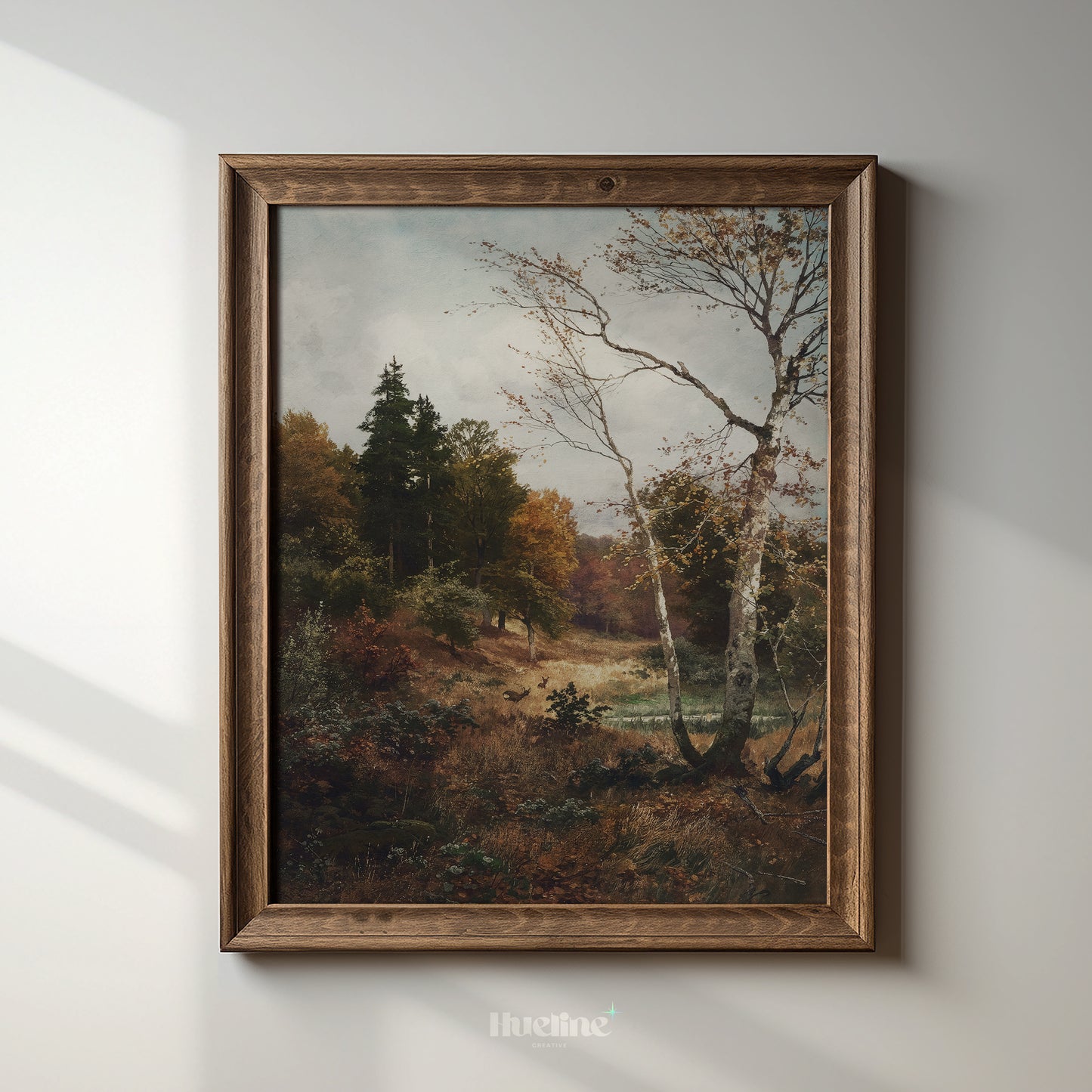 Vintage Autumn Forest Landscape Print, Antique Birch Tree Woodland Oil Painting - L1164