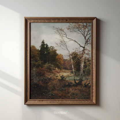 Vintage Autumn Forest Landscape Print, Antique Birch Tree Woodland Oil Painting - L1164