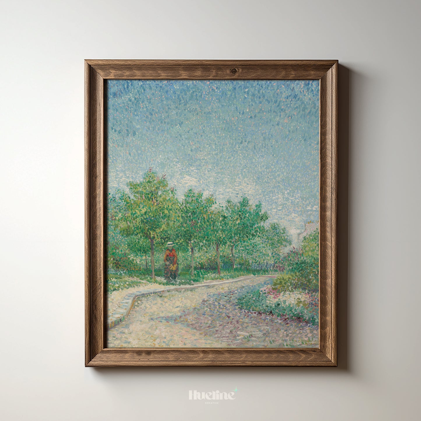 Pointillist Landscape Art Print – Tranquil Nature Scene with Trees and Walking Figure – Impressionist Wall Decor in Soft Pastel Tones - L1057
