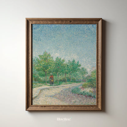 Pointillist Landscape Art Print – Tranquil Nature Scene with Trees and Walking Figure – Impressionist Wall Decor in Soft Pastel Tones - L1057