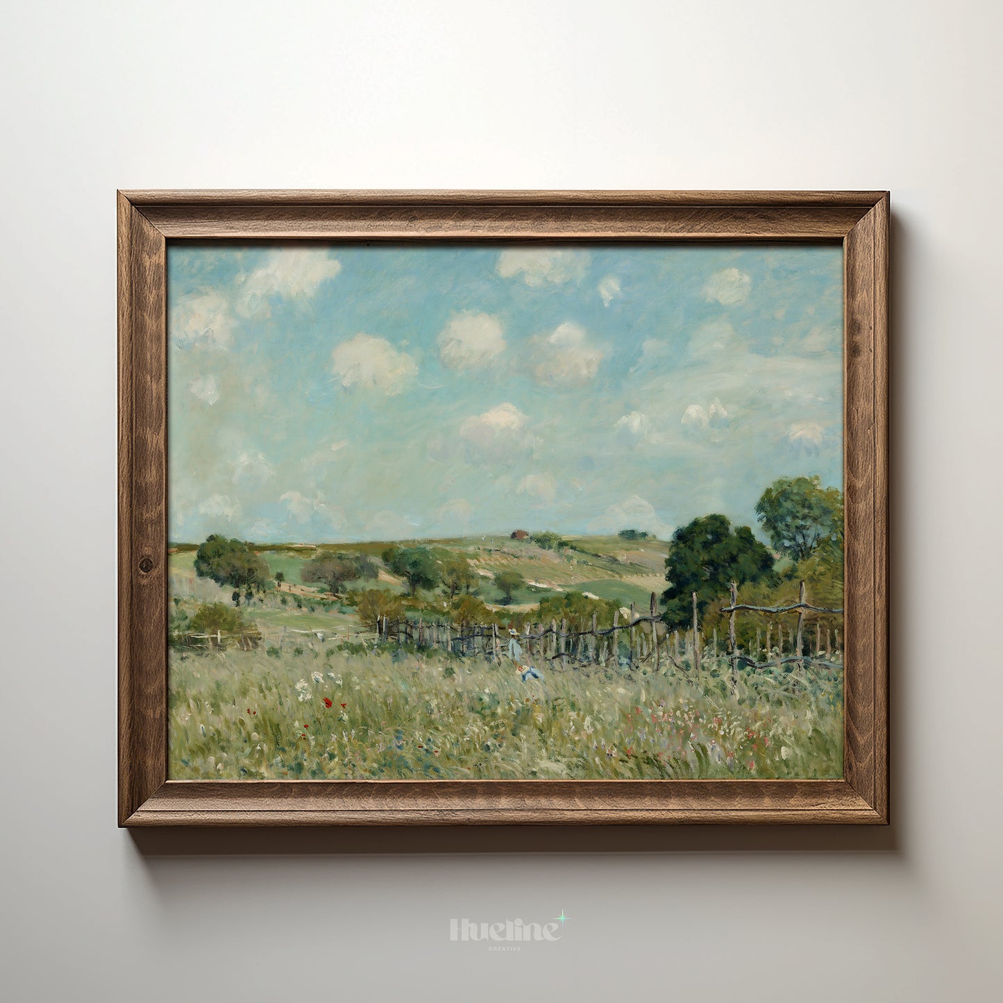 Vintage Country Landscape Wall Art Print – Peaceful Green Field with Blue Sky, Rural Nature Scene for Rustic Farmhouse Decor - L1075