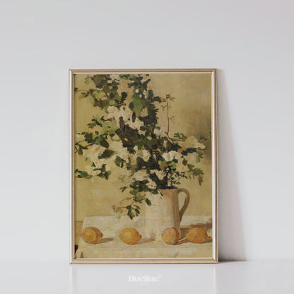 Vintage Floral Still Life Art Print – Country Style Lemon and Vase Painting – Rustic Wall Decor for Kitchen or Cottage Interiors - L1038