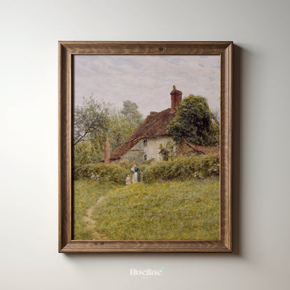 Vintage Cottage Landscape Art - English Countryside Painting in Gold Frame - Rustic Cottagecore Wall Decor - Pastoral Scene Artwork - L1027