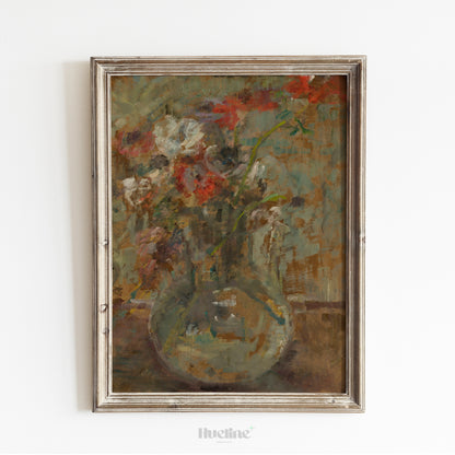 Rustic Impressionist Floral Vase Print – Vintage-Inspired Moody Still Life Wall Art - L1081