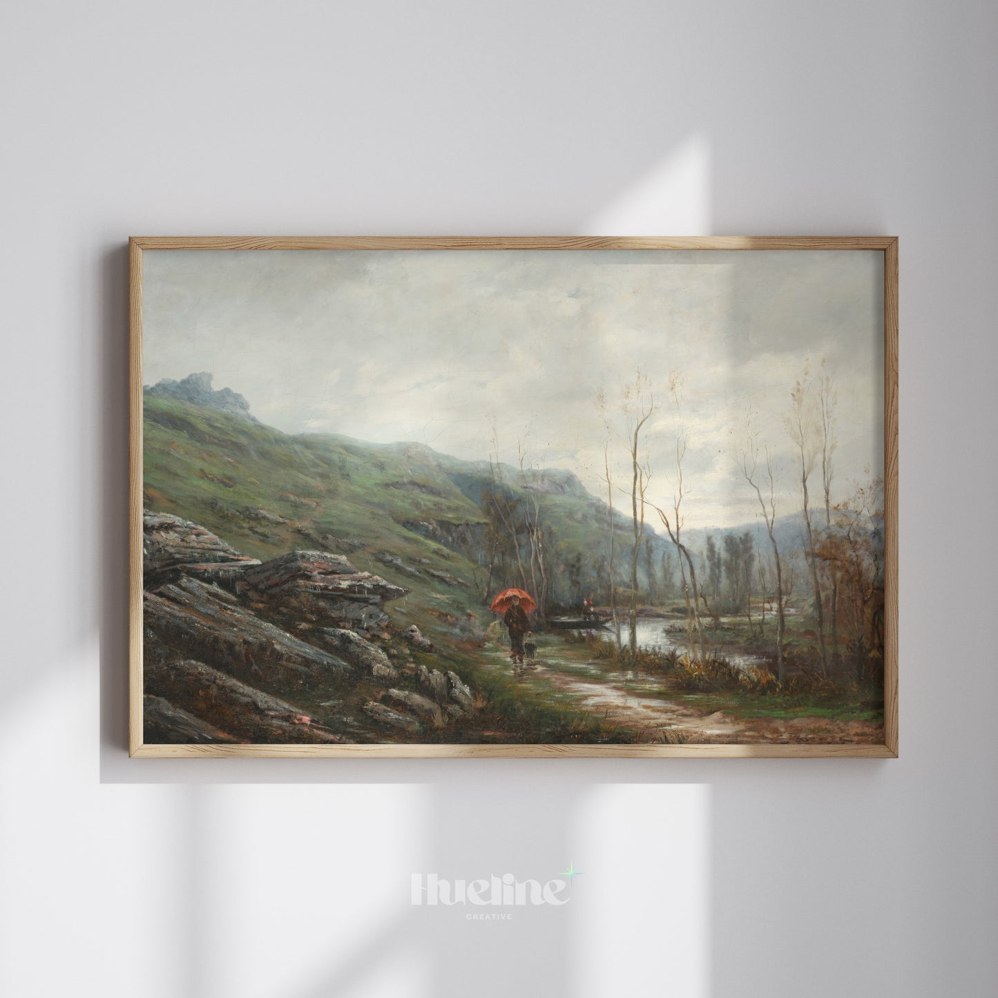 Vintage Landscape Wall Art, Red Umbrella Oil Painting Print, Moody River Scene - L1218