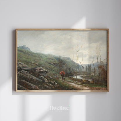 Vintage Landscape Wall Art, Red Umbrella Oil Painting Print, Moody River Scene - L1218