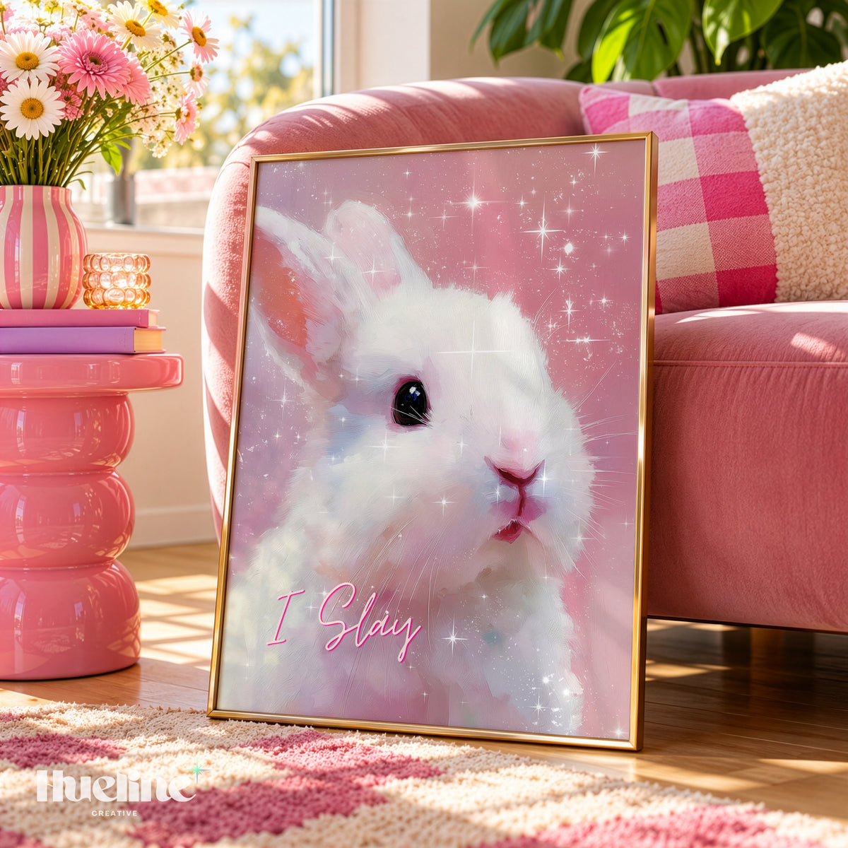 Pink Bunny Wall Art Print, Coquette Rabbit Poster, I Slay Girly Bedroom Decor - L1275