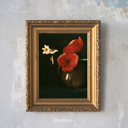 Vintage Red Poppy and Daisy Still Life Print, Dark Floral Wall Art, Moody Botanical Poster - L1083