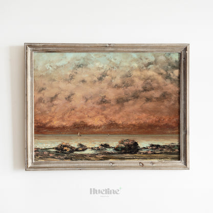 Vintage Moody Seascape Print, Antique Coastal Oil Painting Wall Art - L1156