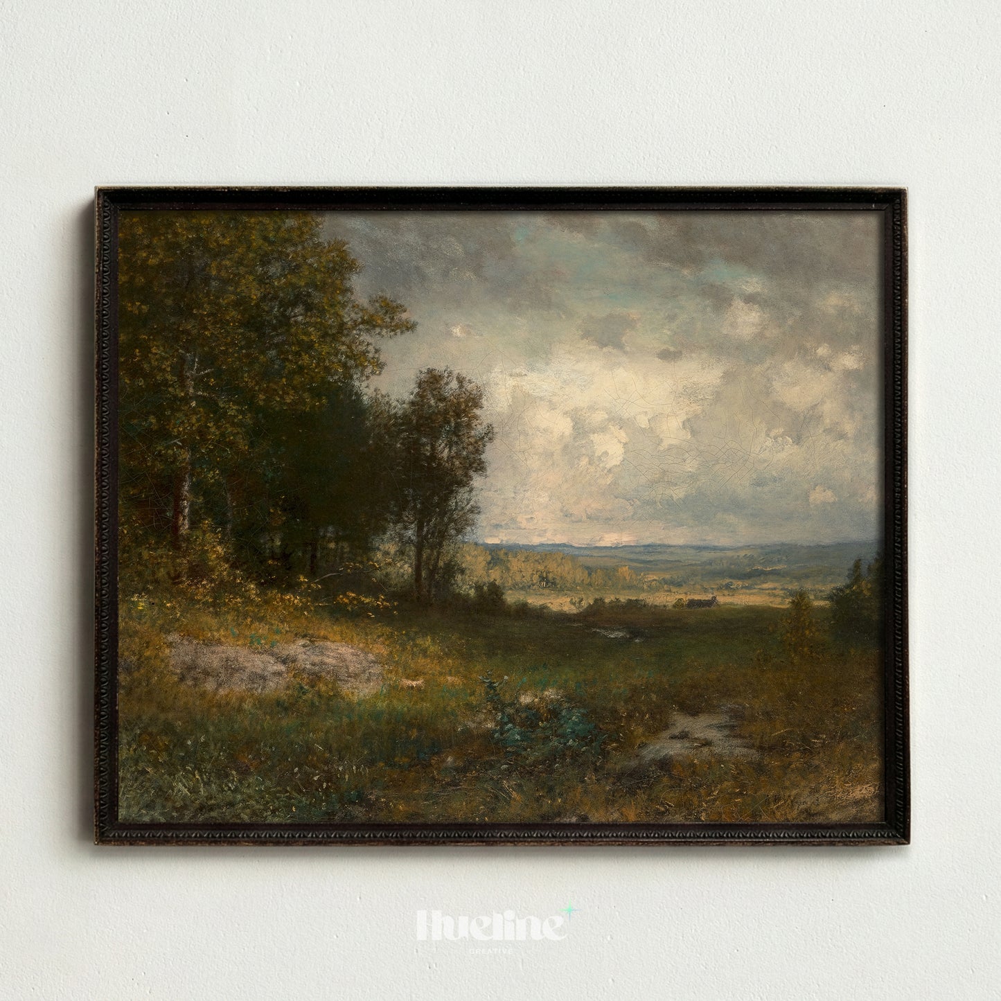 Vintage Countryside Landscape Wall Art, Moody Meadow Painting Print - L1182