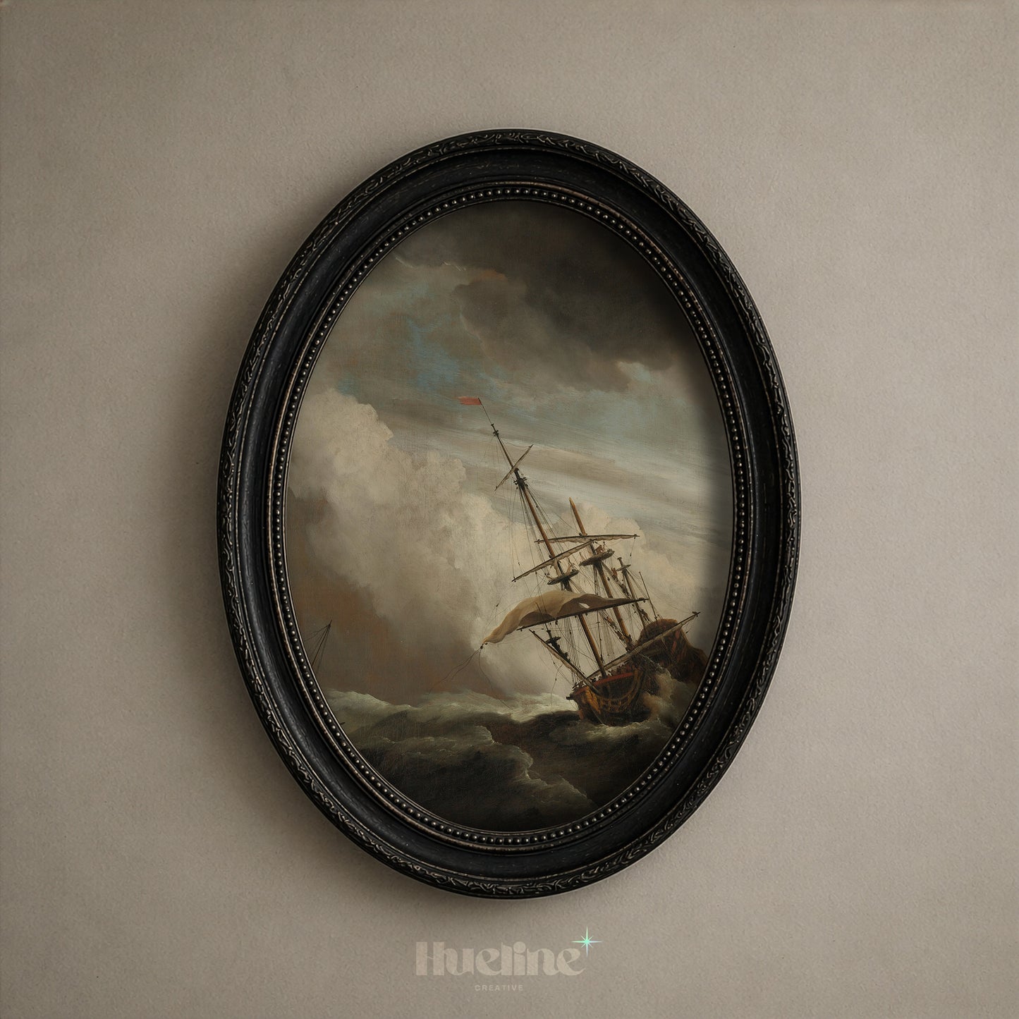 Vintage Stormy Sea Oil Painting, Sailing Ship in High Waves, Moody Maritime Art - L1205