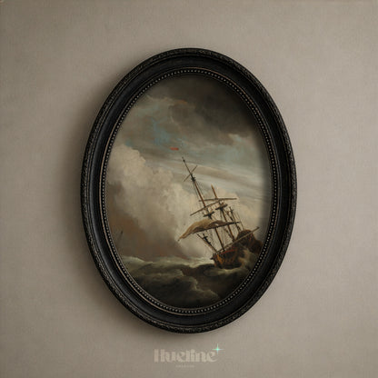 Vintage Stormy Sea Oil Painting, Sailing Ship in High Waves, Moody Maritime Art - L1205
