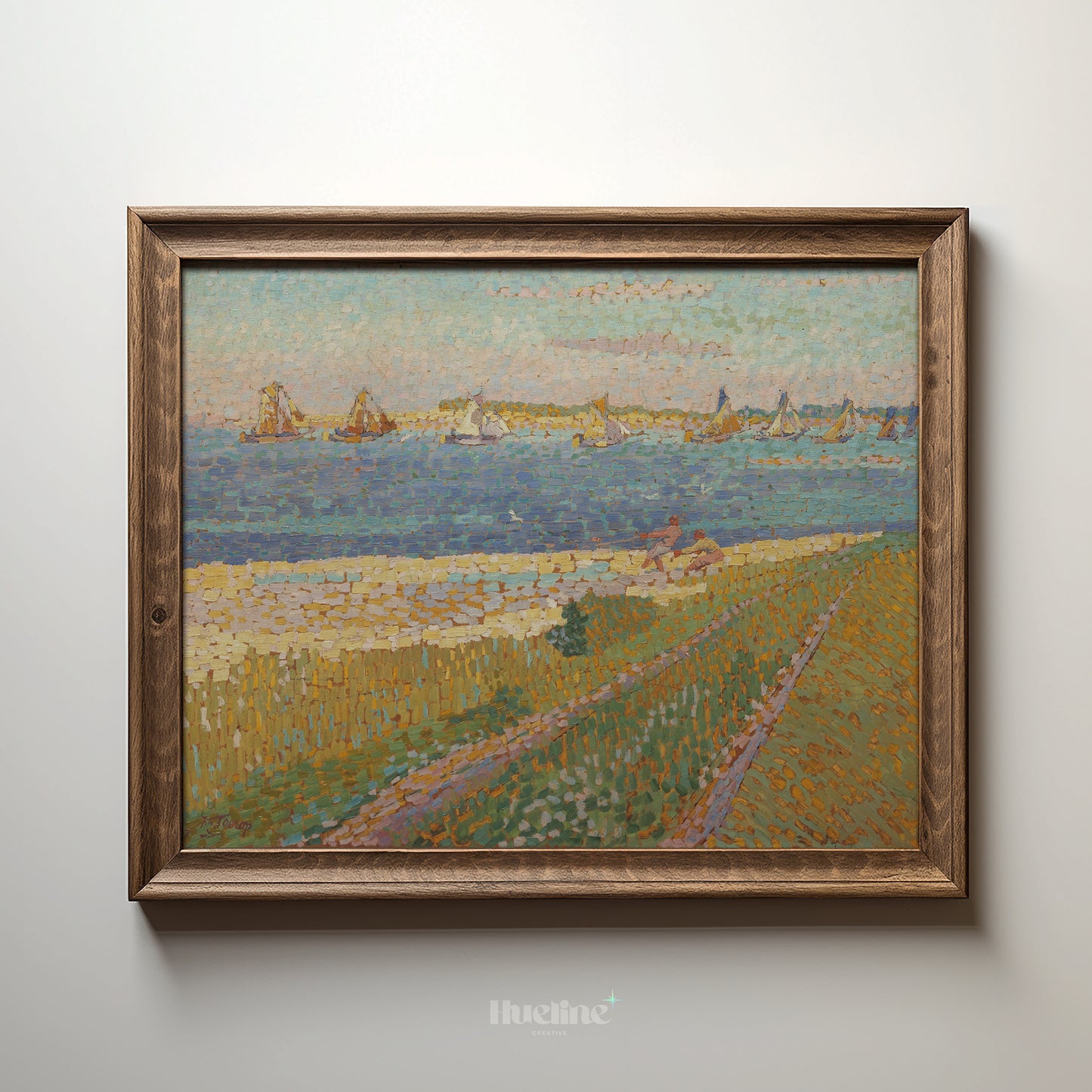 Pointillist Coastal Landscape Art Print – Vintage Style Sailing Boats Seascape – Impressionist Nautical Wall Decor for Beach or Art-Inspired Homes - L1043