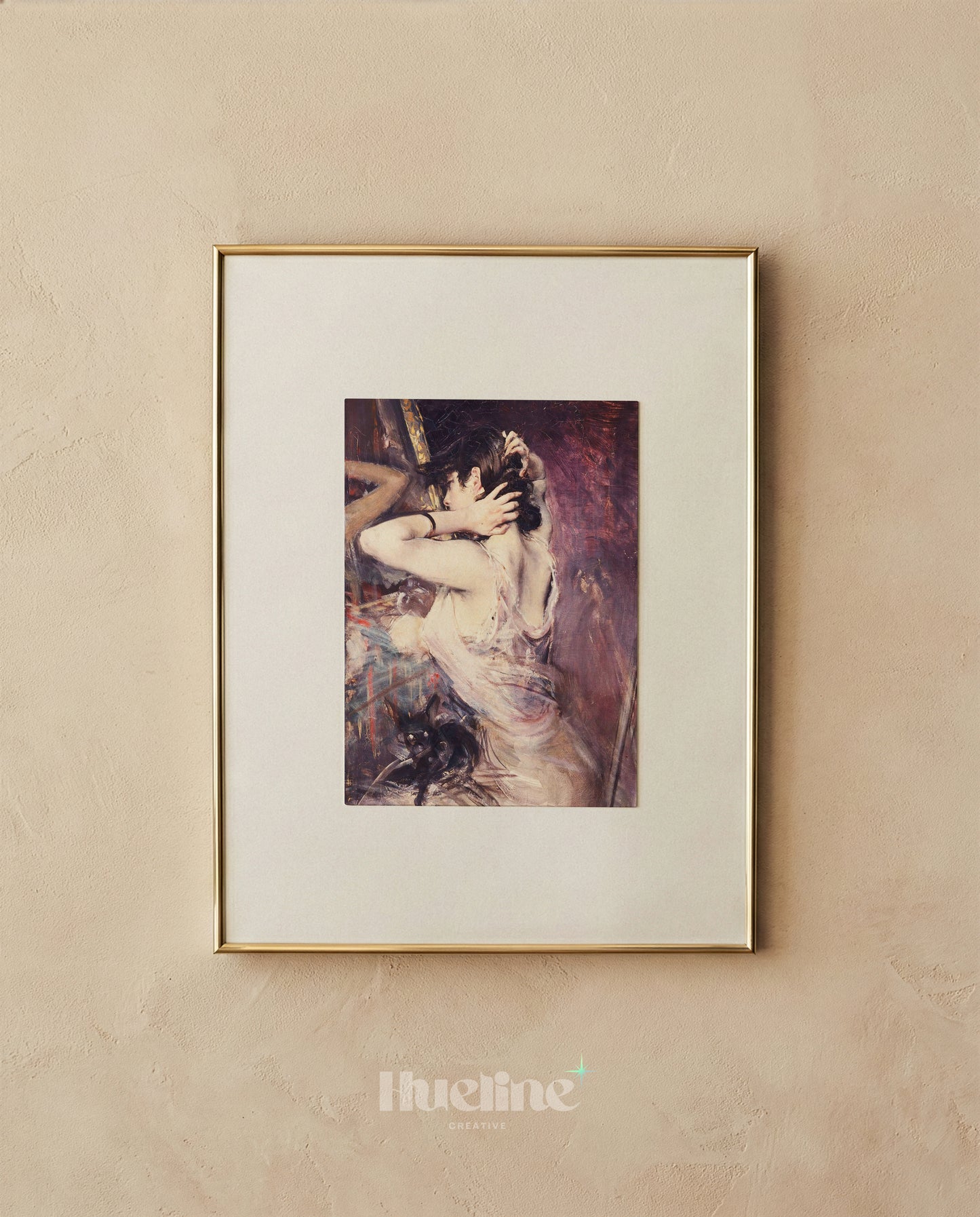 Moody Vintage Woman with Black Cat, Impressionist Painting, Antique Purple Wall Art - L1215