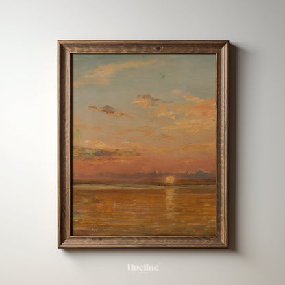 Sunset Seascape Art Print, Vintage Ocean Horizon Wall Art, Warm Pastel Coastal Painting - L1089