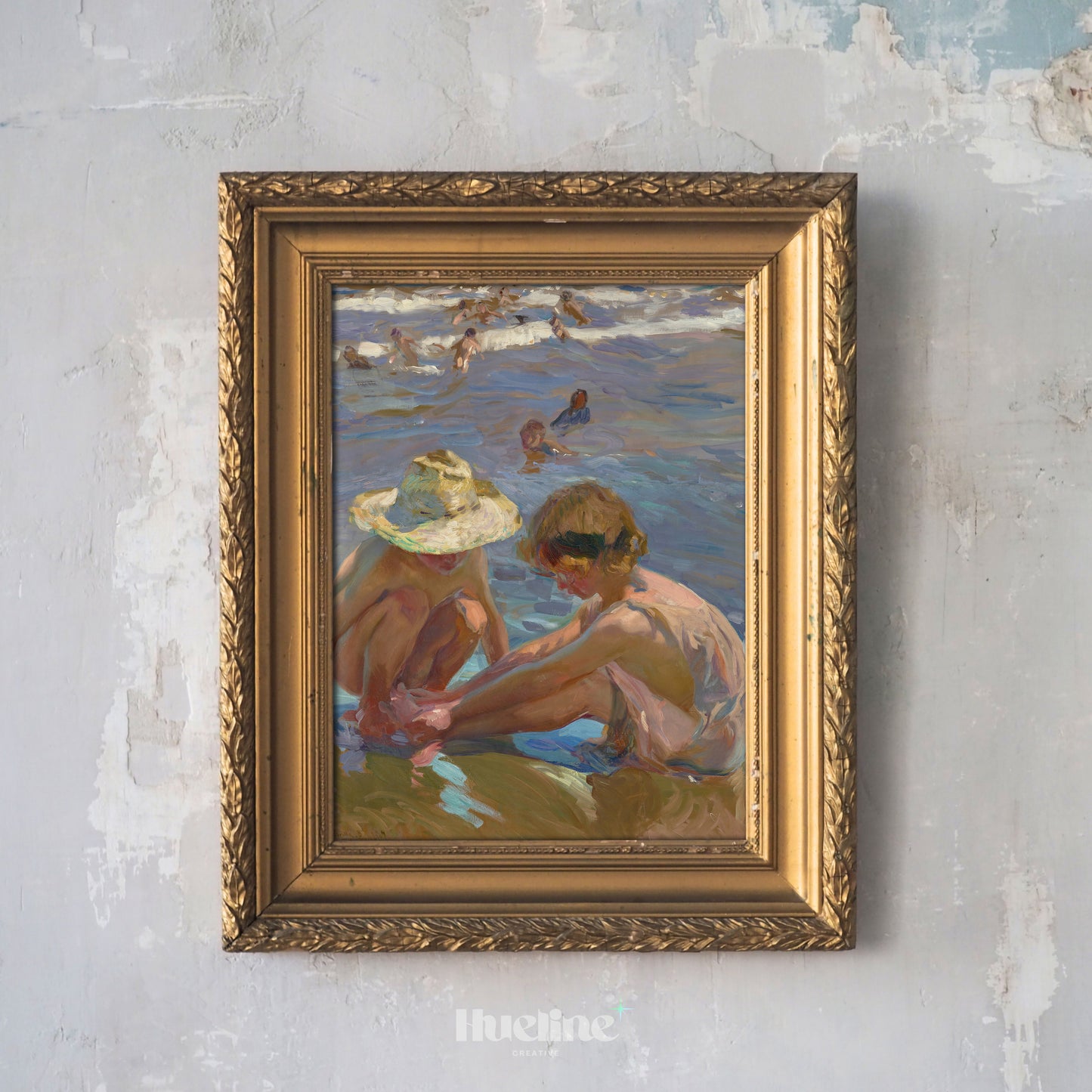 Vintage Beach Scene Art Print – Impressionist Painting of Children by the Sea – Sunlit Summer Wall Decor for Coastal and Nostalgic Interiors - L1051