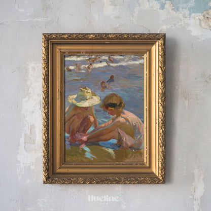 Vintage Beach Scene Art Print – Impressionist Painting of Children by the Sea – Sunlit Summer Wall Decor for Coastal and Nostalgic Interiors - L1051