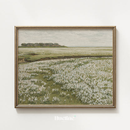 Rustic Oil Painting, White Flower Meadow, Remote Village and Sea View Poster - L1202