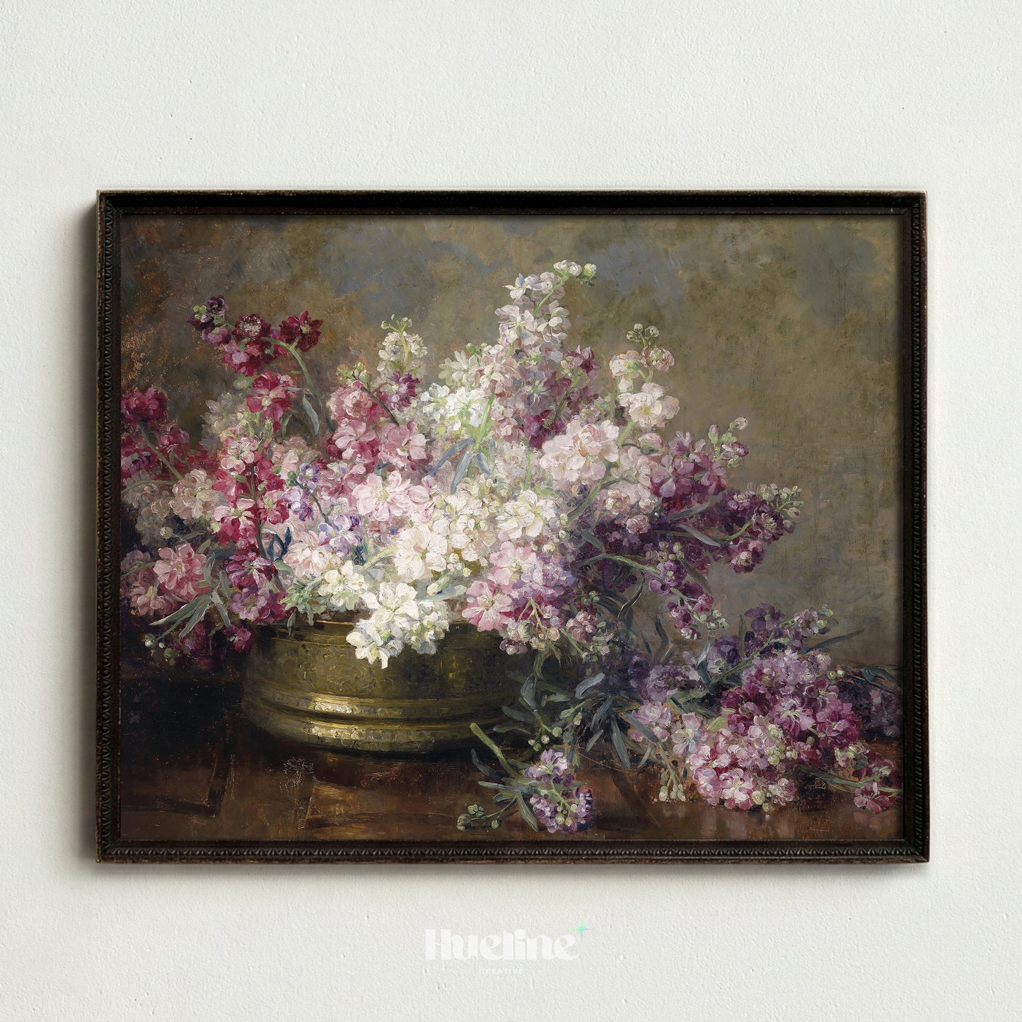 Vintage Floral Still Life, Moody Pink Purple Flower Painting, Antique Farmhouse Wall Art - L1223