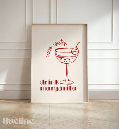 Save Water Drink Margarita Print, Red Cocktail Wall Art, Bar Cart Kitchen Decor - L1278