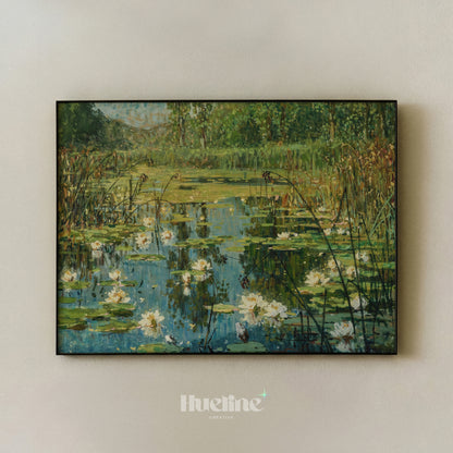 Impressionist Water Lily Pond, Floral Landscape, Calm Water, Reeds, Nature Wall Art - L1197