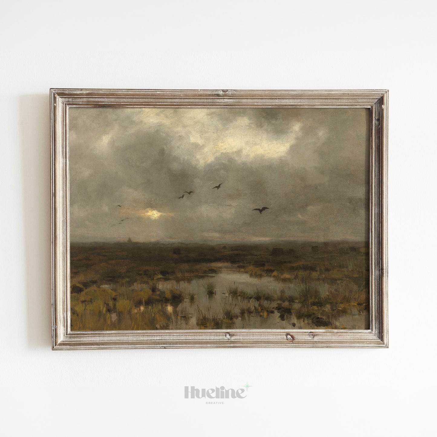 Moody Marshland Landscape Art Print – Dark Vintage Nature Scene with Birds and Overcast Sky – Atmospheric Wall Decor for Rustic or Minimal Interiors - L1054