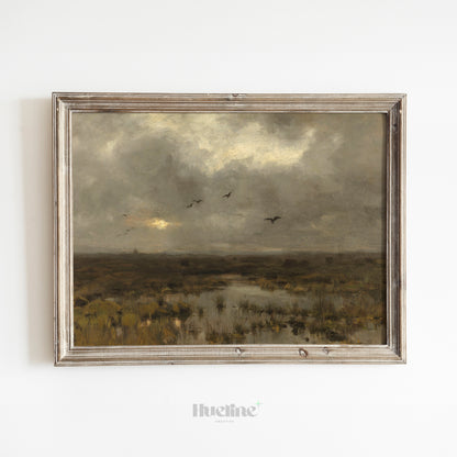 Moody Marshland Landscape Art Print – Dark Vintage Nature Scene with Birds and Overcast Sky – Atmospheric Wall Decor for Rustic or Minimal Interiors - L1054