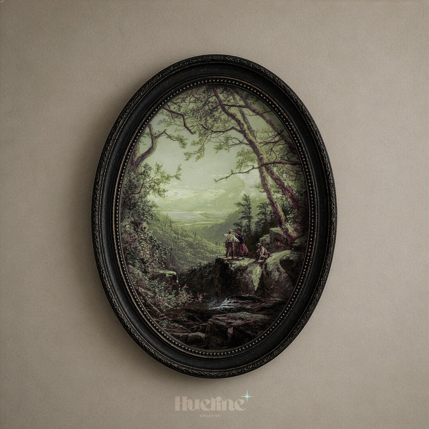 Vintage Forest Landscape, Couple Overlooking Misty Valley, Moody View, Antique Nature Wall Art - L1207