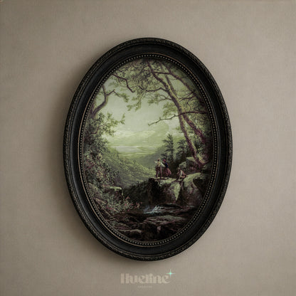 Vintage Forest Landscape, Couple Overlooking Misty Valley, Moody View, Antique Nature Wall Art - L1207