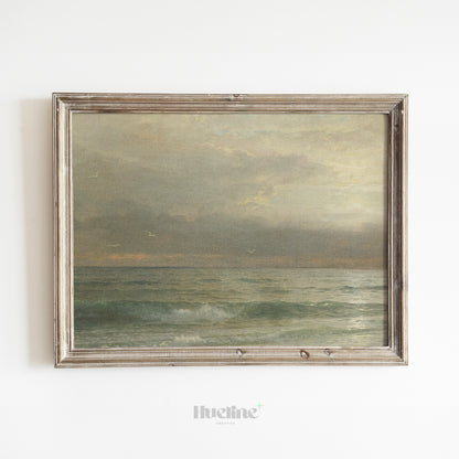 Vintage Ocean Horizon Print, Tranquil Seascape Wall Art, Moody Coastal Painting Poster - L1091
